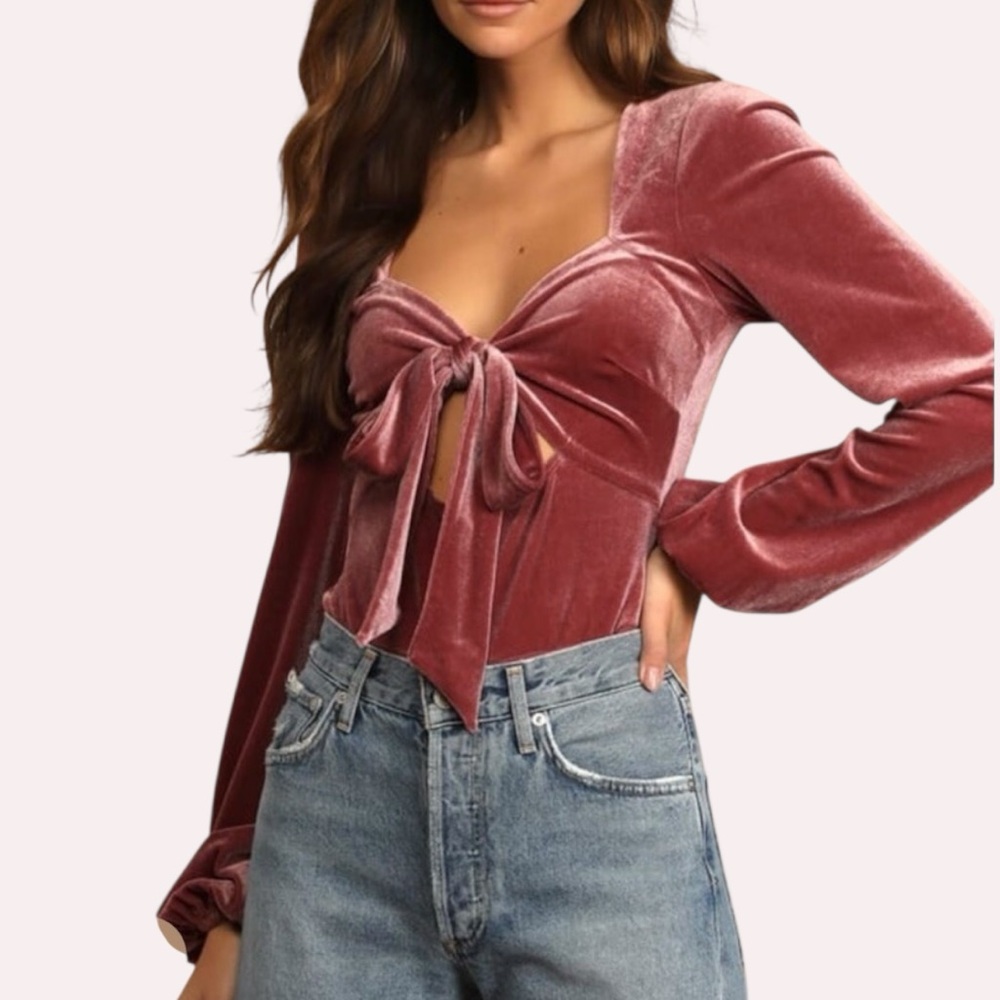 Lulu's Upgraded Style Mauve Pink Velvet Long Sleeve Tie Front Feminine Coquette‎